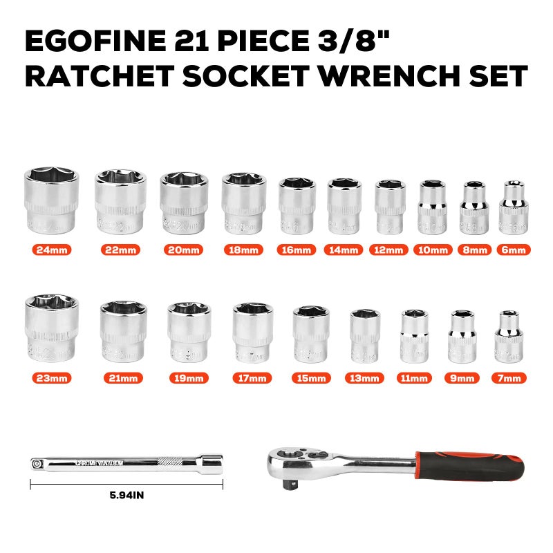 Egofine 21pcs 3/8 Inch Ratchet Socket Wrench Set  Drive Socket Set with 19 Sockets  6-24mm sockets and 2 Way Quick Released Ratchet Handle and Extension Bar - Image 2